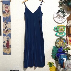 Old Navy Velvet Slip Dress S Obscure Night Blue Midi Spaghetti Strap witchy goth